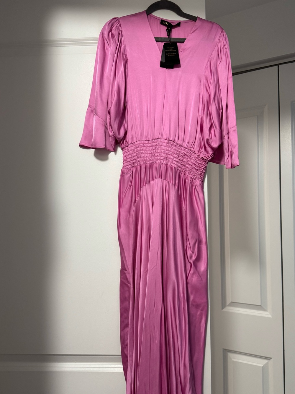 Maje Pink V-Neck Maxi Dress with Smocked Waist